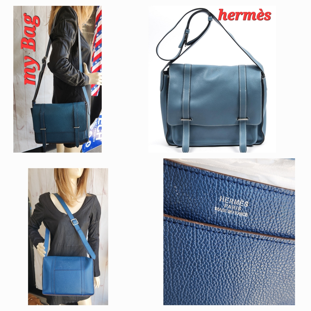 Herme's Blue Leather Messenger Bag
